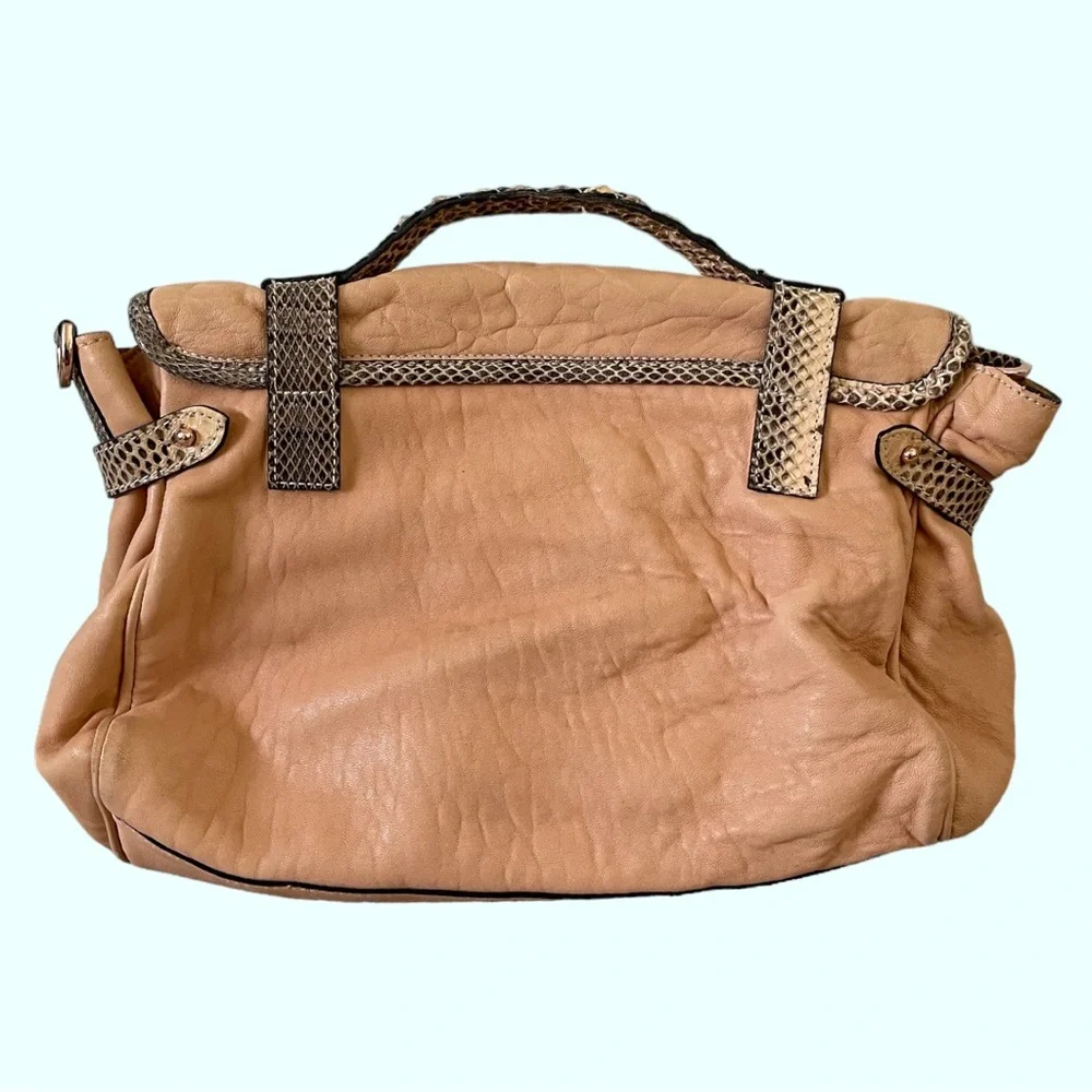 Mulberry Beige Leather Satchel with Snakeskin-Trim